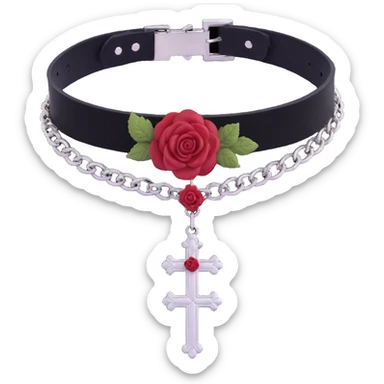 gothic choker with crimson velvet band, silver cross pendant, deep red rose centerpiece, dramatic and gothic sticker