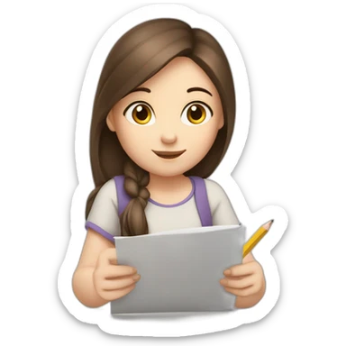 a white skin, brunette haired girl, she is writing on a paper holding a pencil sticker