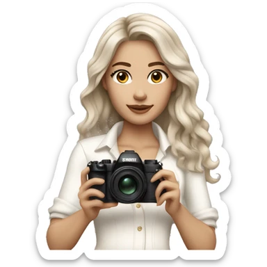 wearing off white classy outfit, her skin tone is light and hair color is ash brown. Hair style is beach waves. The hair is mid length . She has a white skin tone and is holding her camera. She’s taking a picture of someone  sticker