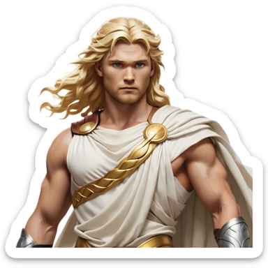 Cinematic Realistic Thor Portrait, depicted as a classical Greek god with a chiseled, sculpted physique reminiscent of ancient marble statues. His fair, luminous skin carries a subtle golden sheen, and his long, wavy, sun-kissed golden hair flows elegantly around his noble face, accentuating his determined, piercing eyes. Draped in a flowing white toga with delicate golden accents and hints of lightning motifs, the portrait is rendered in dynamic natural lighting with a radiant, mythic glow that exudes timeless strength and divine grace. sticker