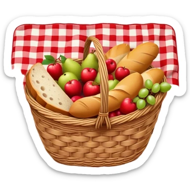 picnic basket with fruit and bread on a checkered blanket sticker