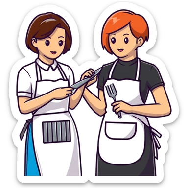stylist with apron demonstrating haircut on mannequin to student sticker