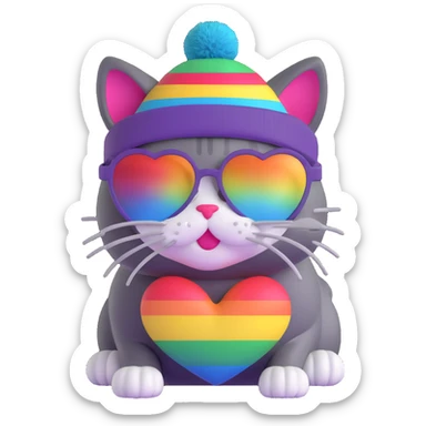 cat wearing a rainbow beanie and heart-shaped sunglasses sticker