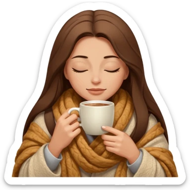 long brown hair woman closed eyes hiding under a cozy wool beige blanket, holding cup of coffee, autumn mood sticker