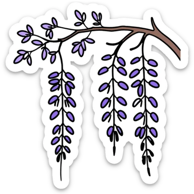 Artistic Japanese wisteria (fuji) flower with sumi-e inspired brush strokes, hanging lavender bloom clusters, zen minimalist aesthetic with subtle ink wash background sticker