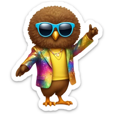  A cute short stubby brown owl with a Afro and sun glasses and a colorful disco suit doing a dance pose sticker