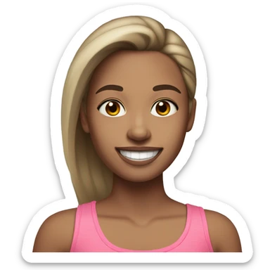 Girl with pink tank top and lighter skin straight brown hair with light blonde highlights with makeup smiling and long hair sticker
