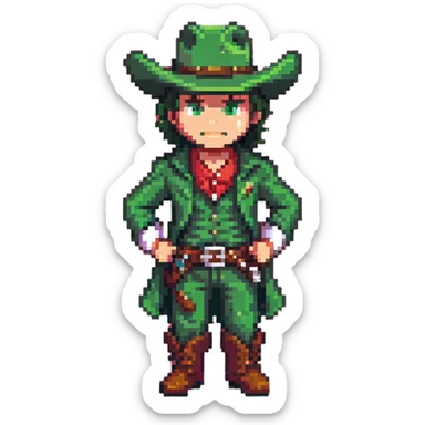 Cowboy character with green outfit and hat, western style sticker