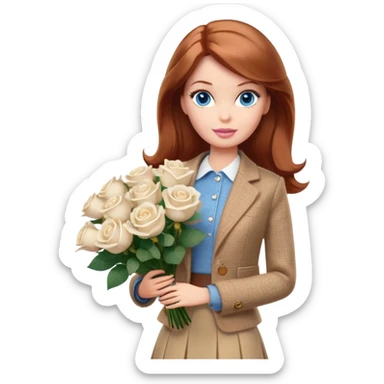 A Barbie girl with blue eyes, shoulder-length reddish-brown hair, made-up, wearing a beige tweed jacket and a beige skirt, with a bouquet of white roses sticker