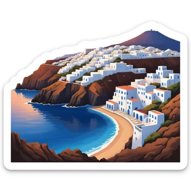 Cinematic Realistic Santorini Caldera Landmark Emoji, featuring white-washed buildings perched on volcanic cliffs, overlooking the deep blue Aegean Sea, with warm sunset hues illuminating the sky and reflecting off the water. sticker