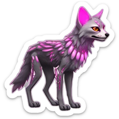 Coyote ocelot standing with grey and black fur and phoenix wings on back and pink ears half skeleton zombie, neon lights sticker