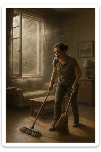 A realistic, cinematic image of a person cleaning a living room with a mop and broom, windows wide open letting in a strong gust of wind. Through the open windows, thick clouds of dust, pollen, and small debris visibly swirl into the room, floating in sunbeams that highlight the particles in the air. The person looks frustrated and tired, mid-action sweeping but clearly battling the incoming dust. Around the room, some furniture and surfaces already show a thin layer of dust settling. The scene is bathed in natural daylight with a slightly hazy atmosphere due to the airborne dust. The color palette uses warm, muted tones emphasizing the contrast between cleanliness efforts and the stubborn dirt and dust invading the space. The focus is on the tension between trying to clean and the unavoidable mess coming in from outside. sticker