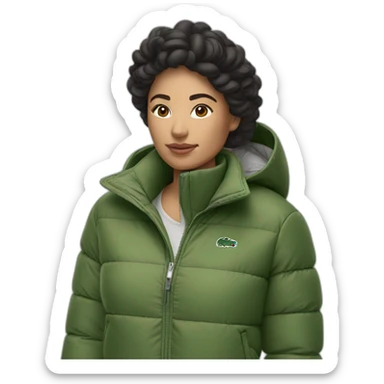 latina woman using Lacoste puffer jacket sticker