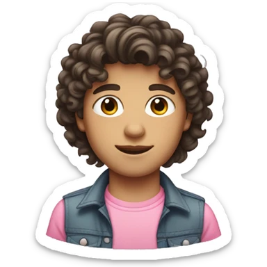 a teen boy with curly dark brown mullet hair with light toned skin in a pink skirt sticker