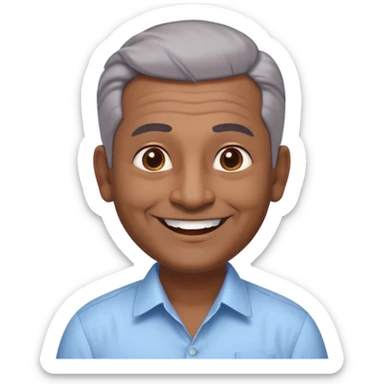 50 yr old indian man, dark skin, grey hair, big smile, white teeth, chubby, no moustache, clean shaven, young style hair, hair brushed back, 5 oclock shadow, bindy on forehead, dress shirt, forehead dot sticker