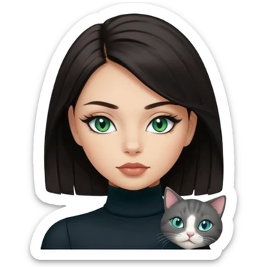 girl with dark straight hair, light medium skin tone, blue-green eyes, full lips with gloss, cat eye eyeliner and long lashes, wearing black turtleneck without sleeves sticker