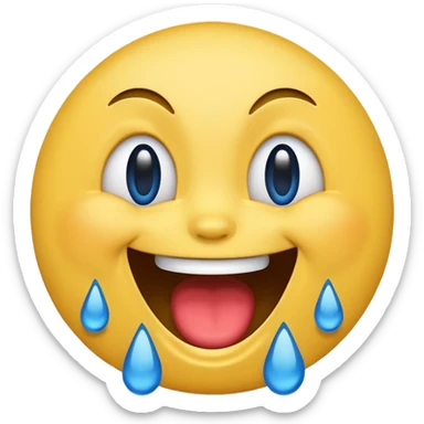 Emoji, yellow round laughing hysterically face, with blue tears of joy on it.  sticker