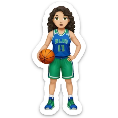 full body plus size light skin latino women basketball player with wavy dark hair large wide nose wearing blue with green uniform sticker