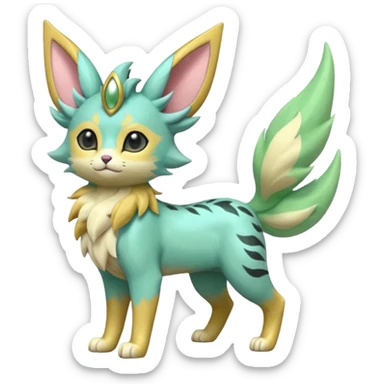 Epic complex detailed pastel minty green, pastel beige yellow pastel realistic aesthetic-scenic-Fakémon-Zorua-Litten-Leafeon-Sylveon-Trico-Sergal-Serval-Vernid-creature (full body) with far wings, shiny sparkly fairycore theme  sticker