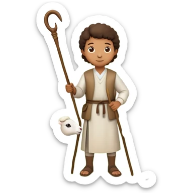 An emoji-style depiction of a shepherd. A person wearing simple, traditional clothing, holding a wooden staff (crook), standing near sheep or leading them. Often outdoors, in a field or hillside setting, symbolizing care, guidance, and rural life sticker