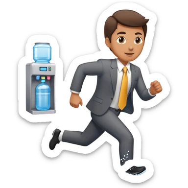 Company director running a marathon in a business suit next to a water cooler sticker