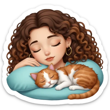 cute balayage brunette curly/wavy haired girl, hoop earrings clean girl makeup sleeping beauty laying next to her sleeping calico cat  sticker
