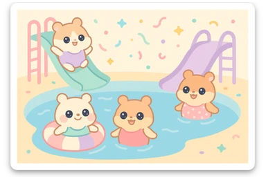 hamsters enjoying a pool party, some wearing tiny swimsuits, with water slides and confetti, energetic and joyful mood sticker
