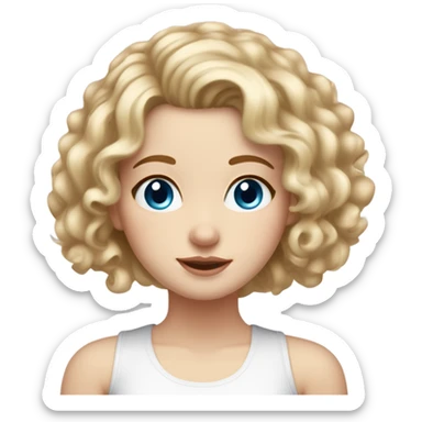 white girl with curly medium blonde hair, small light freckles on her cheeks, wearing a white tank top, blue eyes, slightly red cheeks, plump lips sticker