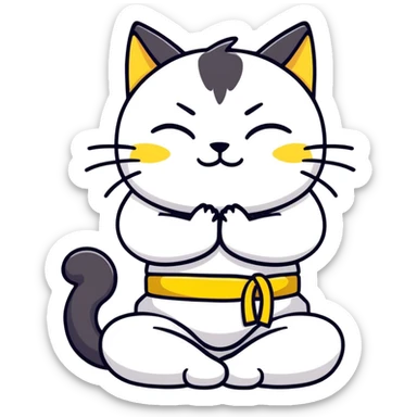 Generate a black cat in a yoga sitting position, hands clapped in front of him with it’s head slightly bent forwards eyes closed, wearing an all white kung fu uniform with a yellow belt sticker