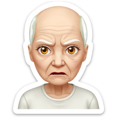 a portrait of angry elderly woman, bald head, wearing shirt sticker
