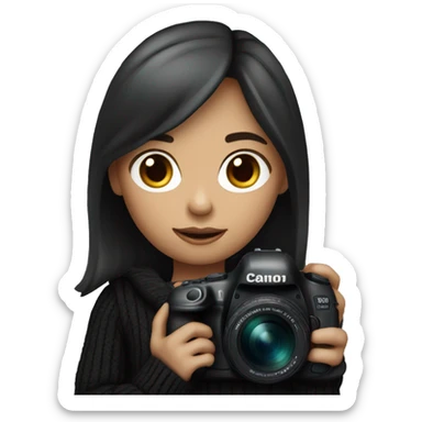 Female photographer with short,beige skin, dark hair, wearing a black sweater, holding a Canon 5D Mark IV camera with an 85mm lens.  sticker