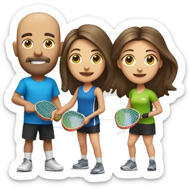 4 Caucasian people playing pickleball with 1 tall bald male, 1 shorter brown hair male, 1 girl with long brown hair, 1 girl  with brown hair sticker