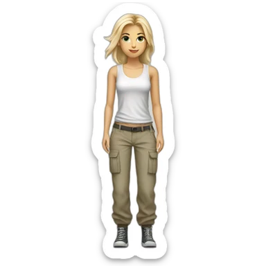 full body white blonde girl with baggy cargo pants, white tank top and tie sticker