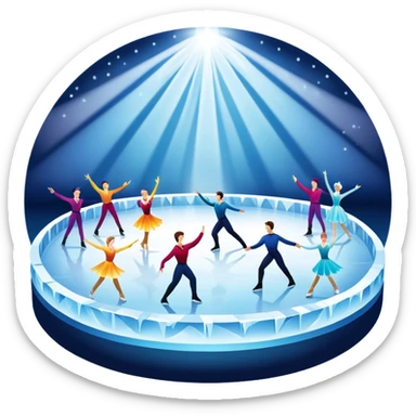 An icon of a theatrical ice show with close-up costumed figure skaters performing a dramatic scene on a glowing ice stage. Spotlights, colorful scenery, and a cheering audience in a grand arena convey the magic and artistry of the ice performance. Transparent background included. sticker