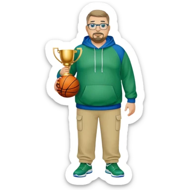 full body white obese male basketball coach with trophy. Goatee , Wearing glasses and blue and green hoodie and khaki pants sticker