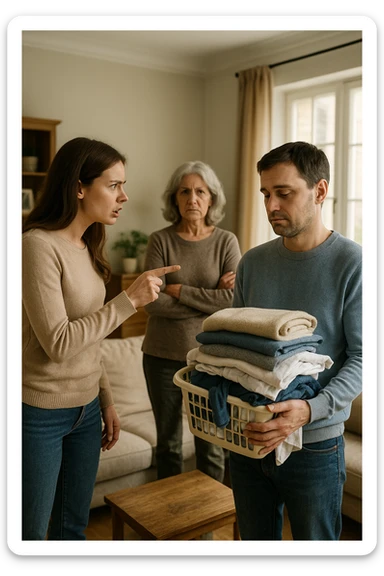 a woman stands assertively in the center of a living room, giving clear instructions to her partner. The man, with a submissive and resigned expression, follows her directions, perhaps holding household items or performing a chore. Behind them, an older woman (the mother-in-law) stands with crossed arms and a disapproving look, watching the scene unfold. The lighting is natural, and the atmosphere is tense but realistic. sticker