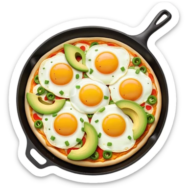 A breakfast skillet with melted cheese, pizza toppings, sliced avocado, and a fried egg on top sticker