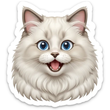 cinematic-adorable-big-eyed-fluffy-ragdoll-cat-portrait-emoji,-head-tilted-playfully-with-a-cute,-yawn,-white and grey fur,-simplified-yet-irresistibly-cute-features, blue eyes sticker