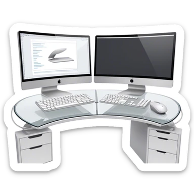 Create an emoji for UX/UI design. Two large curved monitors placed next to each other, displaying design mockups or wireframes. A mouse, keyboard, and stylus to symbolize the tools used in the design process. Do not include any emojis or smiley faces. Background transparent. sticker