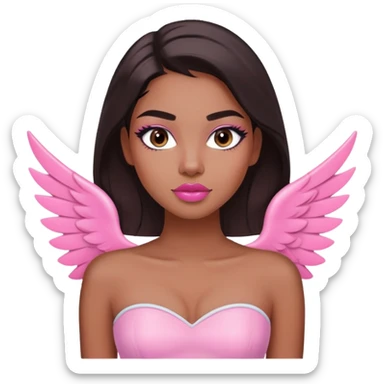 young woman with medium brown skin, long dark brown hair, bold brows, winged eyeliner, rosy cheeks, glossy pink lips, wearing a pastel pink tube top, on a white background  sticker