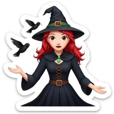 witch with red hair flying , on the background - full moon and black birds sticker