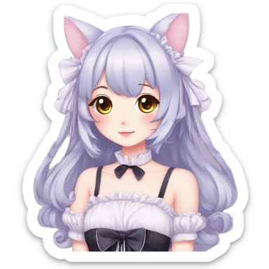 Gorgeous anime style catgirl with blushing face with maid outfit laces gothic Lolita idol model kawaiicore pastelcore cottagecore pearly petite simplistic aesthetic trending style sticker