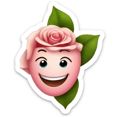 A happy smiling emoji blushing, offering a rose sticker