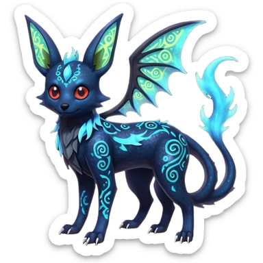 Shiny Fiery Dark Ugly Evil Realistic Glowing Eldritch Horror Cool Edgy Badass Emo Glorious Demonic Batty Dusky Ethereal Sparkly Shimmering Magical Punky Aural Iridescent Fluorescent Bioluminescent Umbreon-Noibat-Salandit-Litten-Flareon-Fakémon-fusion (full body) with intricate pattern markings sticker