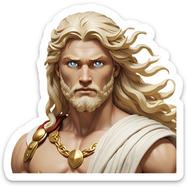 Cinematic Realistic Thor Portrait, depicted as a classical Greek god with a chiseled, sculpted physique reminiscent of ancient marble statues. His fair, luminous skin carries a subtle golden sheen, and his long, wavy, sun-kissed golden hair flows elegantly around his noble face, accentuating his determined, piercing eyes. Draped in a flowing white toga with delicate golden accents and hints of lightning motifs, the portrait is rendered in dynamic natural lighting with a radiant, mythic glow that exudes timeless strength and divine grace. sticker