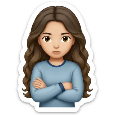 Hispanic light tan girl with long dark wavy hair with arms folded while pouting. Wearing a long sleeve. Hair with middle part. sticker