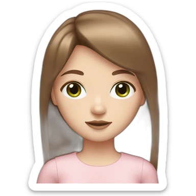 Female with brown hair. Light fringe. Green eyes. Pale skin. Aesthetic cute pink outfit.  sticker
