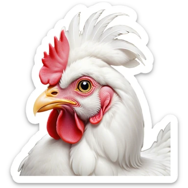 Cinematic Noble White Chicken Portrait Emoji, Poised and regal, with a compact, sturdy build and a pristine, well-groomed pure white plumage, deep-set soulful beady eyes, Simplified yet sharp and sophisticated features, highly detailed, glowing with a soft, dignified glow, high shine, intelligent and alert, stylized with an air of barnyard elegance, focused and attentive, soft glowing outline, capturing the essence of a watchful and confident fowl, so majestic it feels as though it could strut out of the screen with effortless authority! sticker