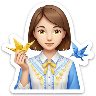 A happy Ukrainian young girl with brown hair in a white embroidered shirt making an origami crane in yellow and blue colors sticker