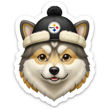 Face of young Malamute with cream and black face wearing Pittsburgh Steelers hat sticker